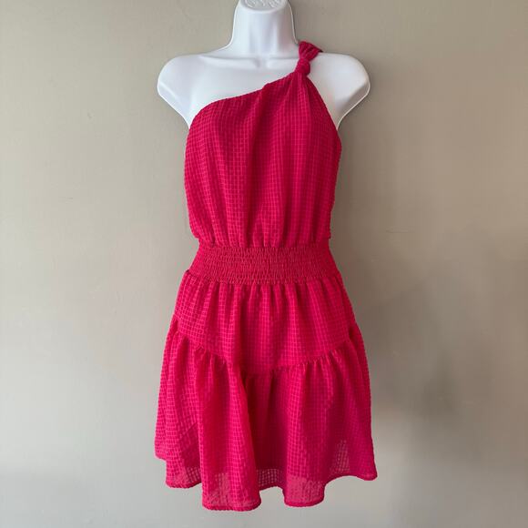 Lush Dresses & Skirts - Lush Hot Pink One Shoulder Smocked Waist‎ Tiered Mini Dress Sz XS Barbie Y2K